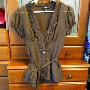 BCX Sheer Buttonup Short Sleeve With Cami Brown M